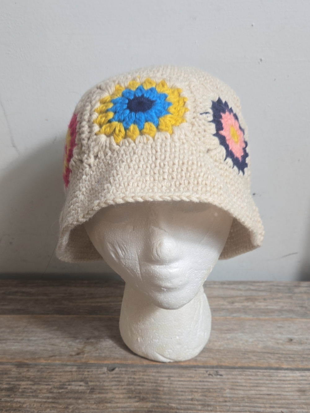 Cream Crochet Bucket Hat with Multicolor Flower Accents